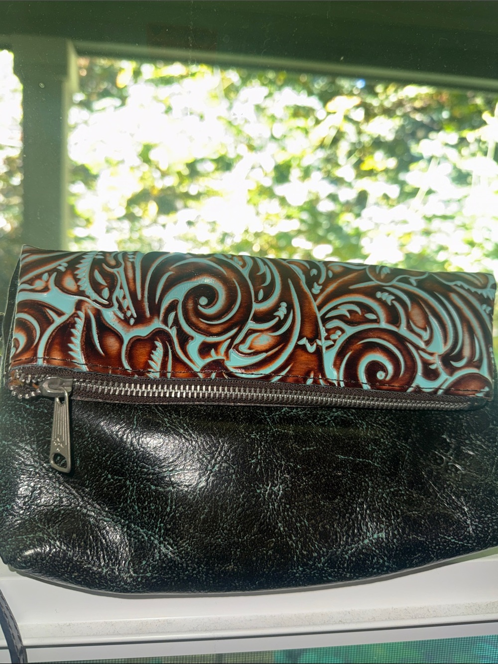 New Patricia Nash Brown & Turquoise Embossed Fold-Over Clutch